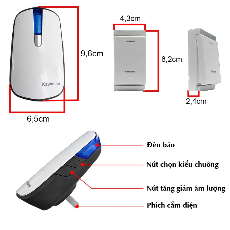 Bộ chuông cửa không dây cao cấp Kawa DB818 (Nút nhấn D81 – Chuông B8)