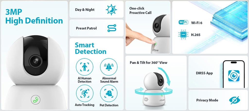 Camera IP DAHUA DH-H3B (Wifi 3MP, quay quét, loa mic đàm thoại, nút gọi điện)