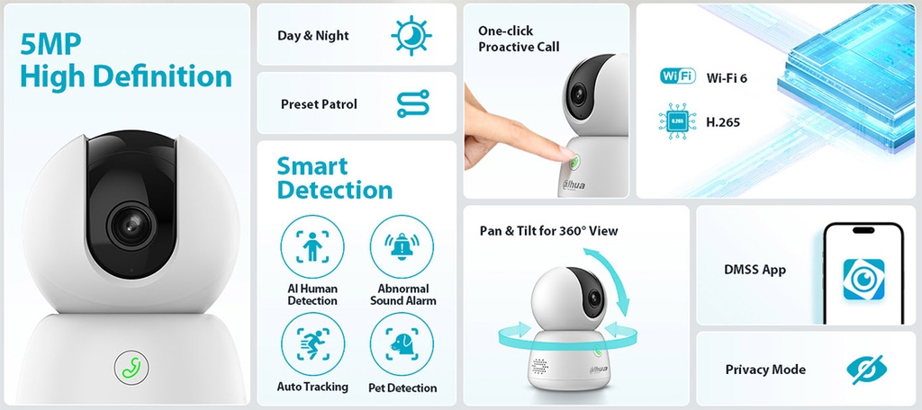 Camera IP DAHUA DH-H5B (Wifi 5MP, quay quét, loa mic đàm thoại, nút gọi điện)