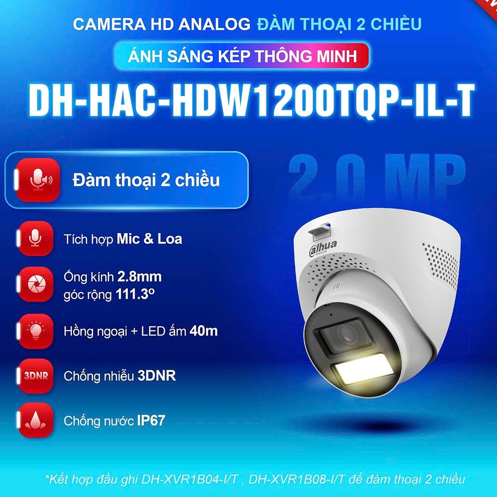Camera DAHUA DH-HAC-HDW1200TQP-IL-T (Dome 2MP, Loa Mic, Ánh sáng kép)