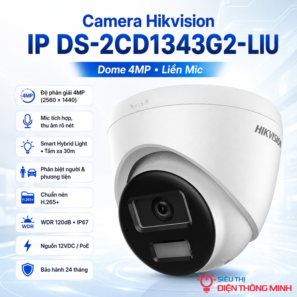 Camera Hikvision IP DS-2CD1343G2-LIU (Dome 4MP, liền Mic)