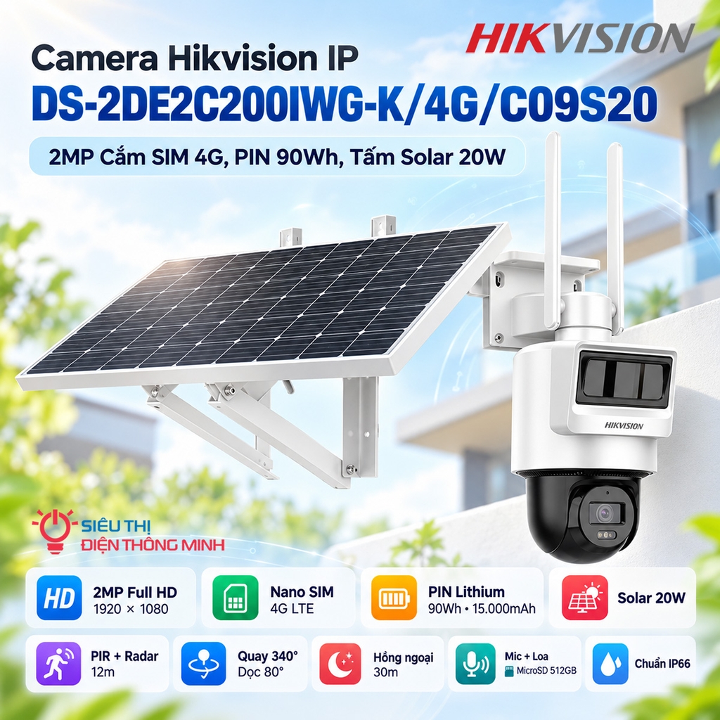 Camera Hikvision IP DS-2DE2C200IWG-K/4G/C09S20 (2MP Cắm SIM 4G, PIN 90W, Tấm Solar 20W)