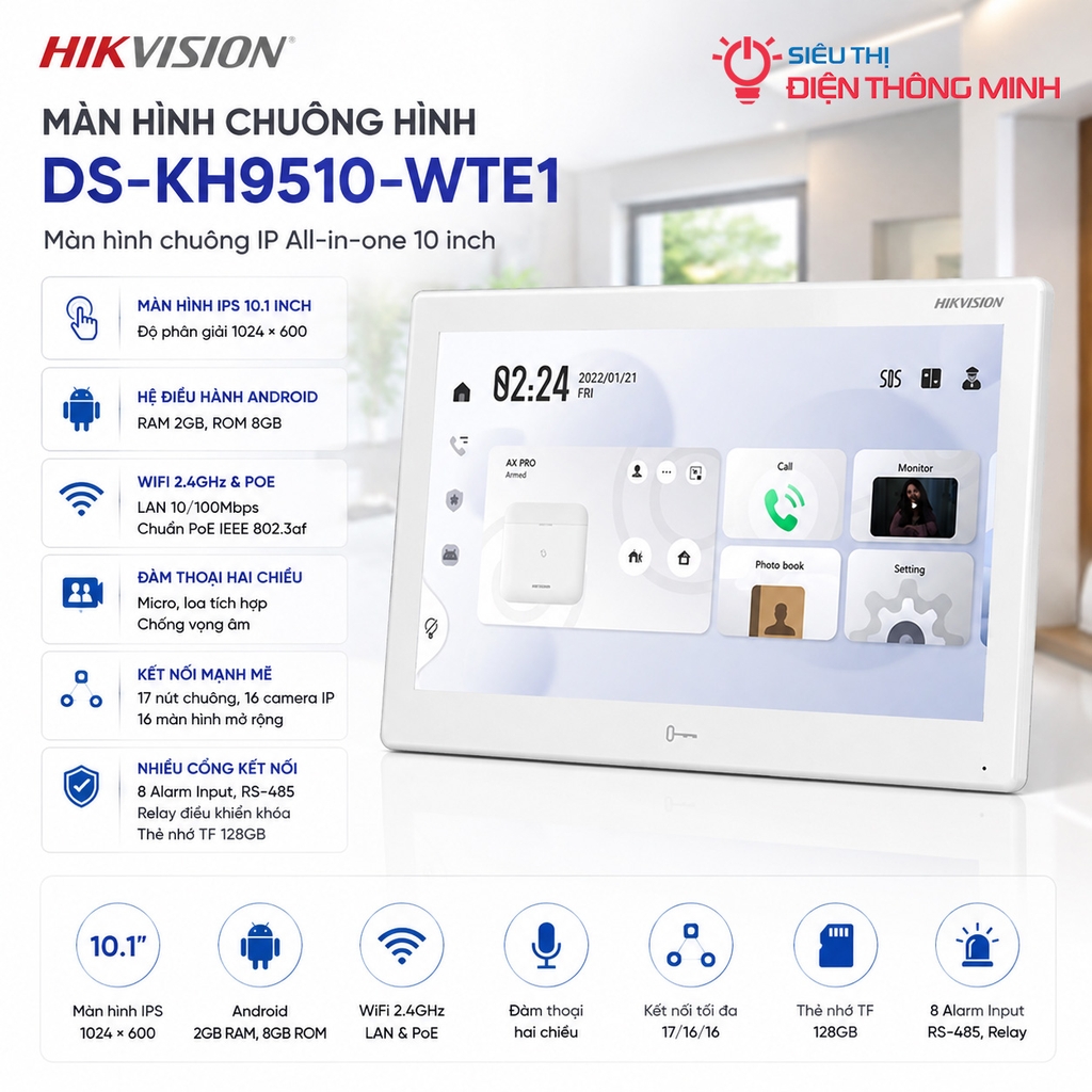 Màn hình chuông hình Hikvision DS-KH9510-WTE1 (10 inch, PoE, Wifi, Android)