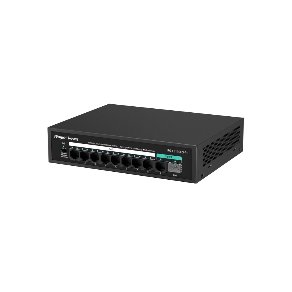 Switch PoE Ruijie RG-ES110GS-P-L (8 PoE Gigabit, 1 uplink Gigabit, 1 SFP, 120W)