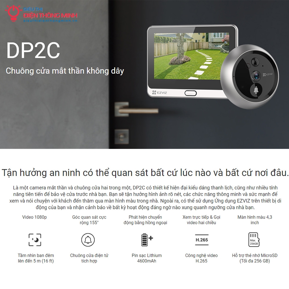 Chuông hình EZVIZ DP2C (Màn 4.3 inch, Wifi không dây, Dùng PIN)