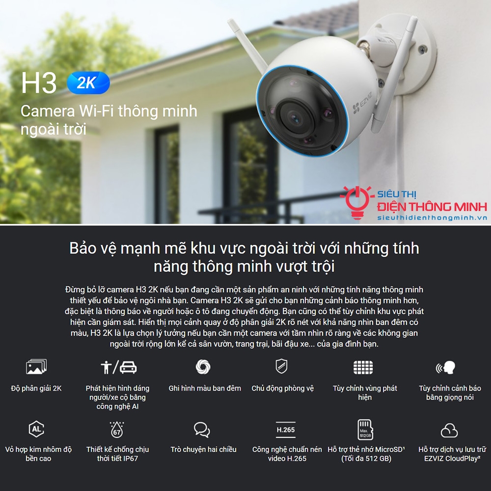 Camera EZVIZ H3 2K (Wifi Thân 3MP, đêm có màu)