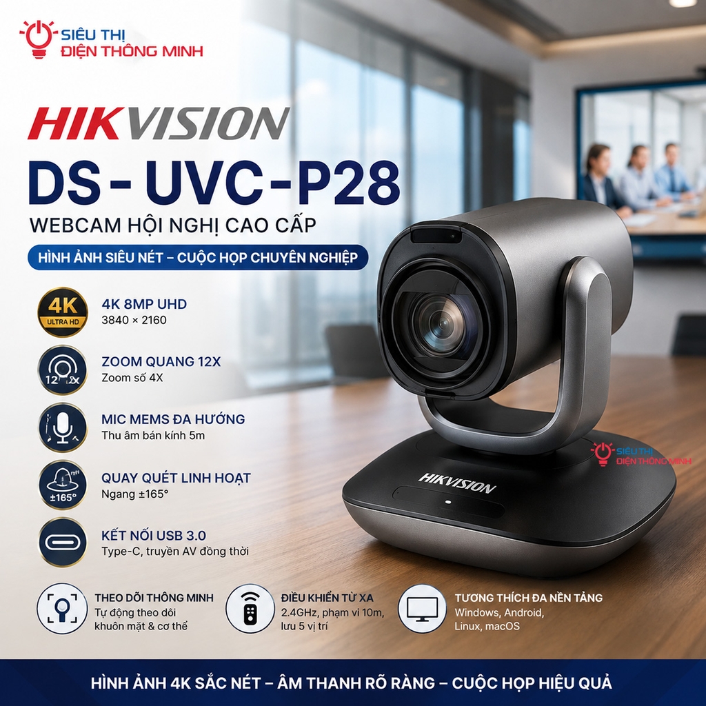 Webcam Hikvision DS-UVC-P28 cho phòng họp trực tuyến (4K 8MP, quay quét zoom 12x)