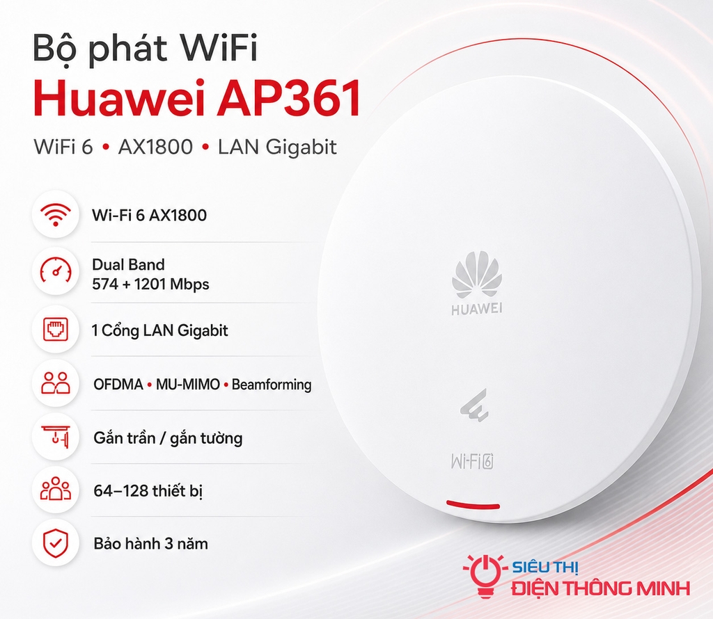 Bộ phát Wifi Huawei gắn trần, gắn tường AP361 (Wifi 6, AX1800, Lan Gigabit)