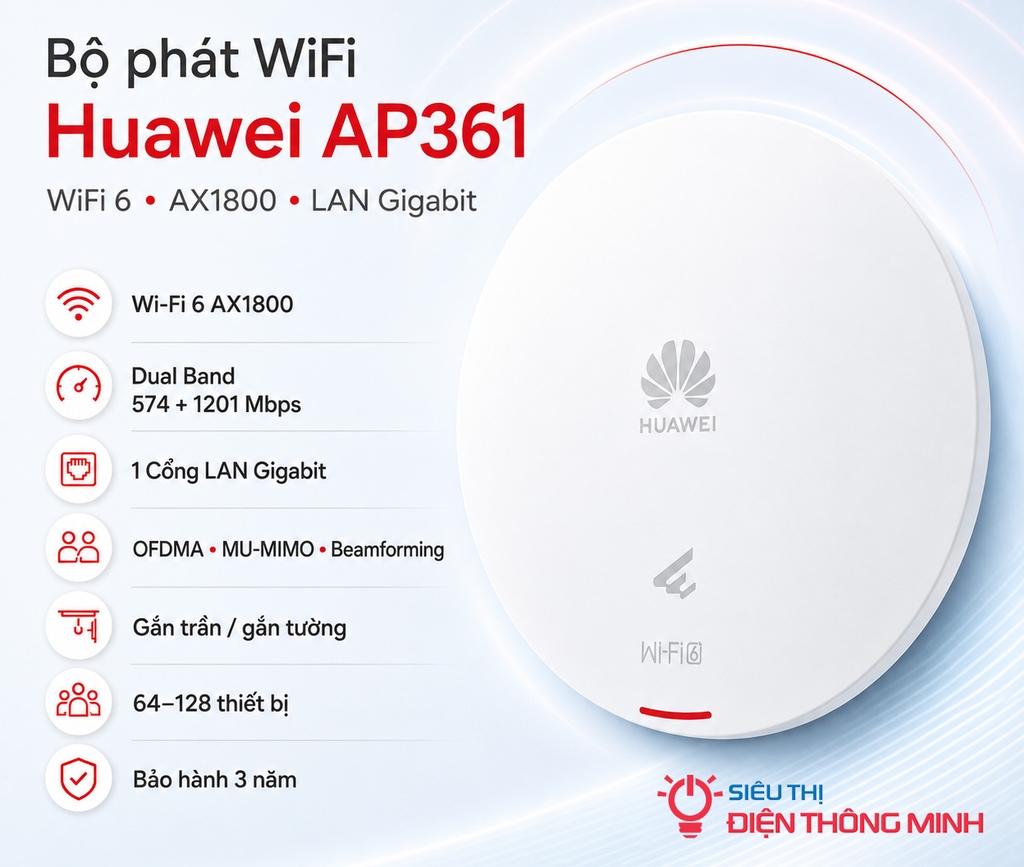 Bộ phát Wifi Huawei gắn trần, gắn tường AP361 (Wifi 6, AX1800, Lan Gigabit)