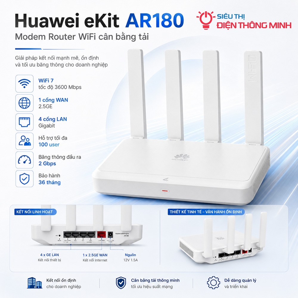 Modem Router Wifi cân bằng tải Huawei eKit AR180 (Wifi 7, 3600Mbps, WAN 2.5GE, 4 LAN GE, 100 user)