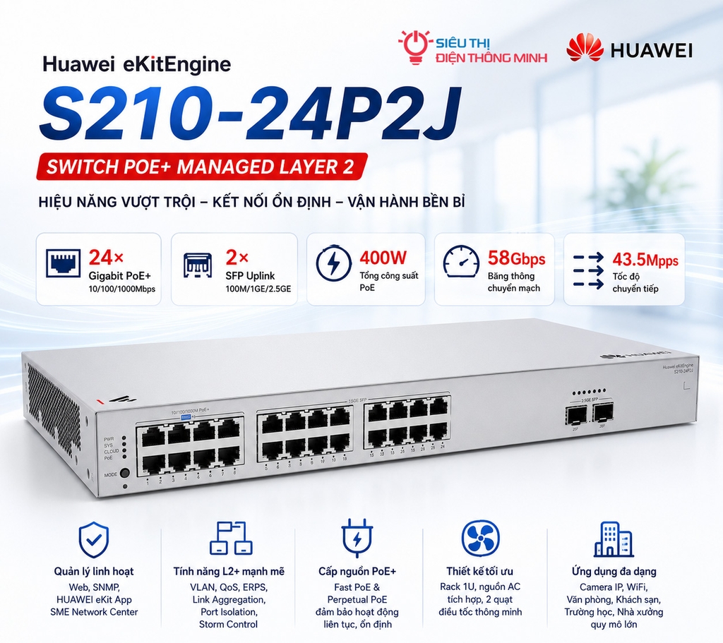 Switch PoE Huawei S210-24P2J (24PoE Gigabit, 2 SFP 2.5GE, 400W)