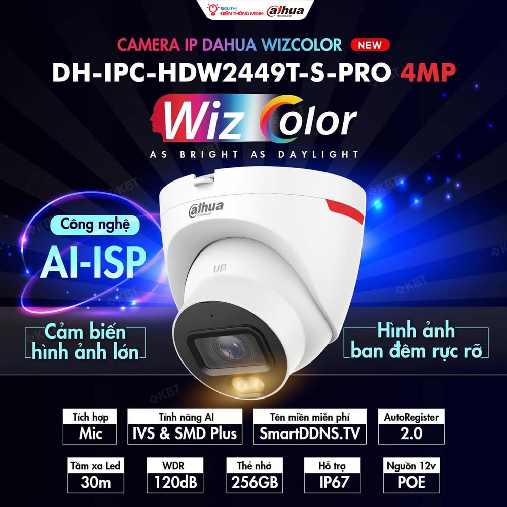 Camera DAHUA DH-IPC-HDW2449T-S-PRO (Dome 4MP, liền MIC, Góc siêu rộng, WizColor đêm như ngày)