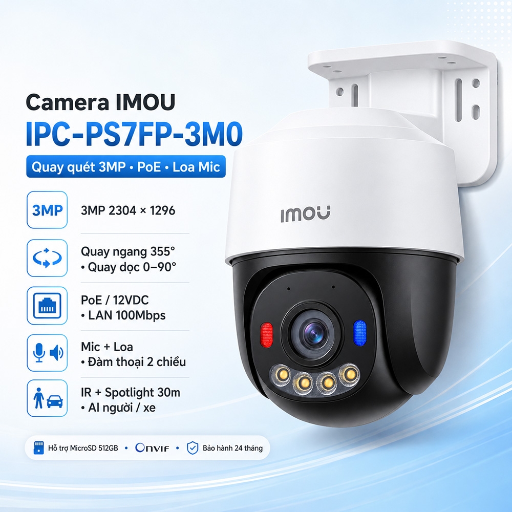 Camera IMOU IPC-PS7FP-3M0 (Quay quét 3MP, PoE, Loa Mic)