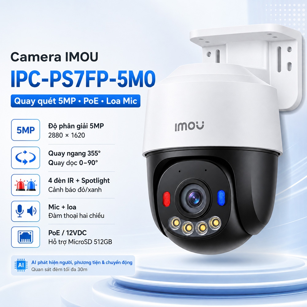 Camera IMOU IPC-PS7FP-5M0 (Quay quét 5MP, PoE, Loa Mic)