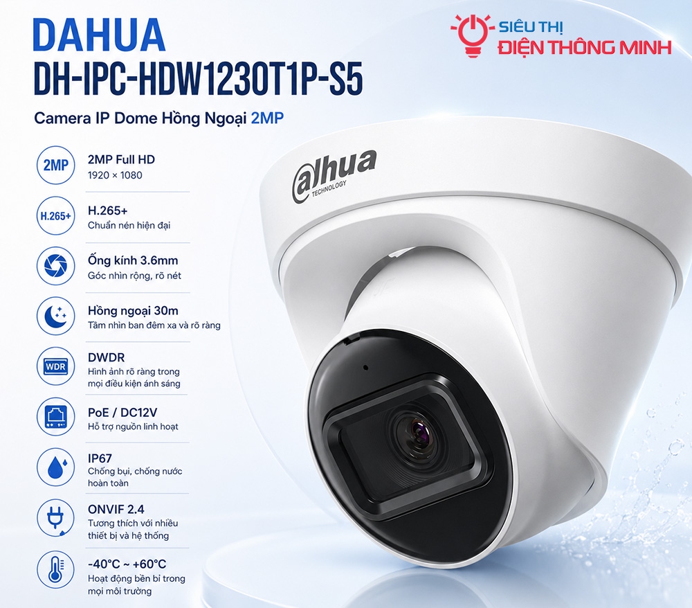 Camera DAHUA DH-IPC-HDW1230T1-S5 (Dome 2MP, PoE, IP67)