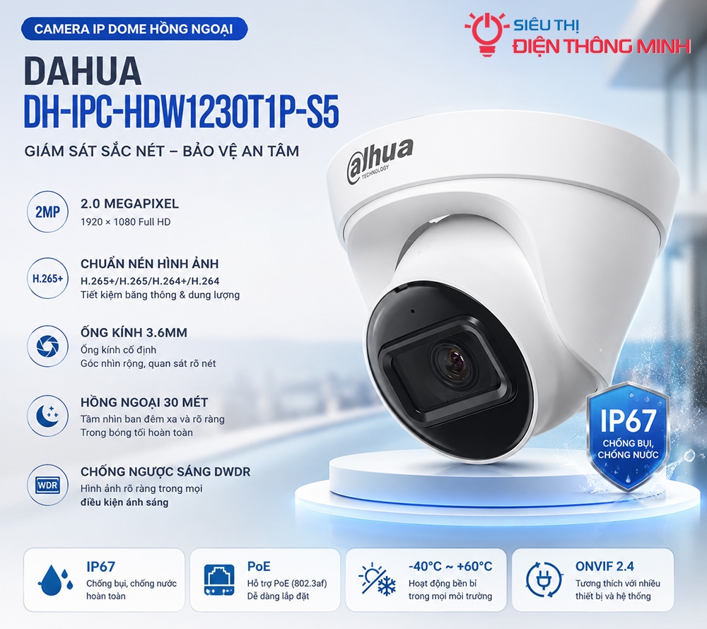 Camera DAHUA DH-IPC-HDW1230T1P-S5 (Dome 2MP, PoE, IP67)