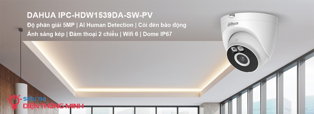 Camera DAHUA DH-IPC-HDW1539DA-SW-PV (Wifi Dome 5MP, loa mic, báo động)