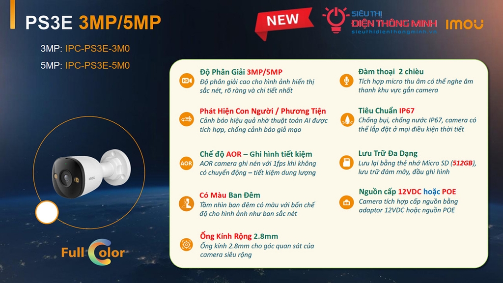 Camera IMOU IPC-PS3EP-5M0 (Thân 5MP, PoE, Loa Mic)