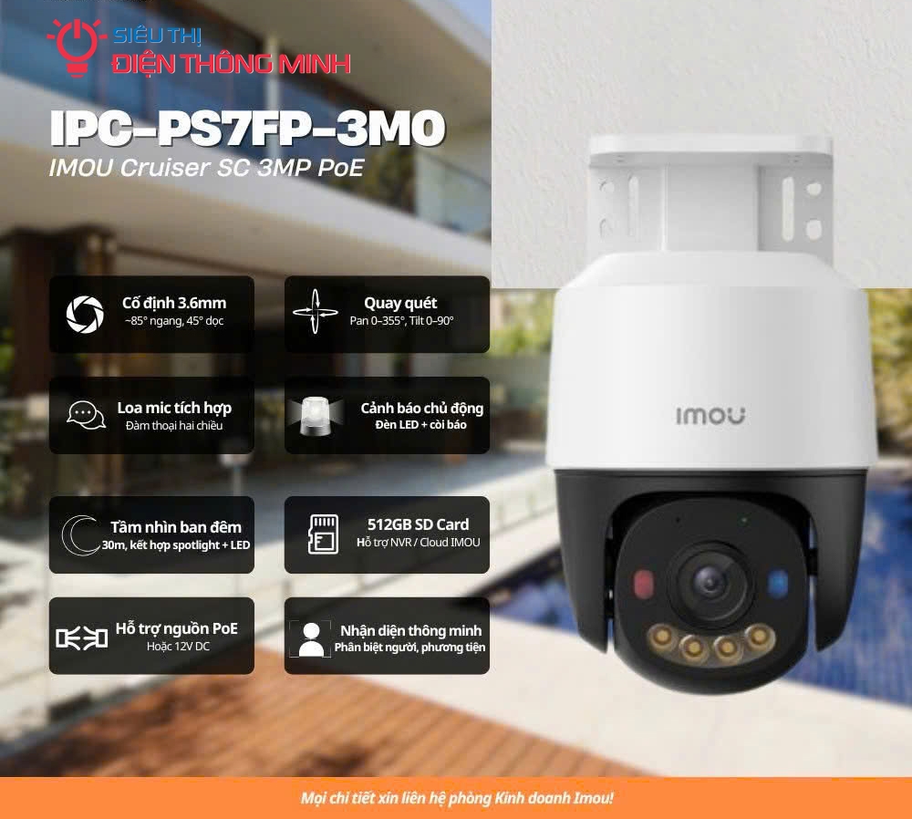 Camera IMOU IPC-PS7FP-3M0 (Quay quét 3MP, PoE, Loa Mic)