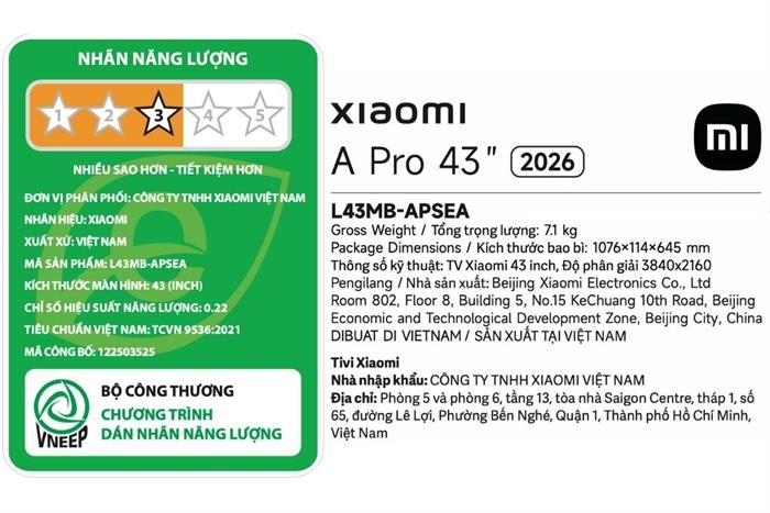 Google Tivi Xiaomi TV A Pro 43 inch 2026 QLED 4K L43MB-APSEA (chính Hãng)