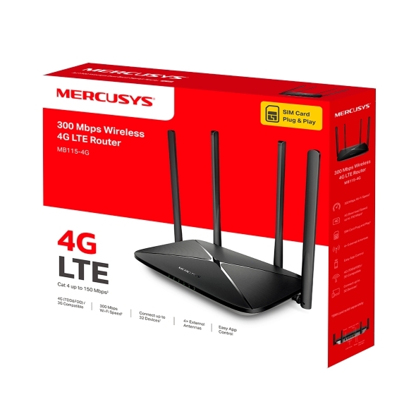 Bộ phát Wifi Mercusys 4G MB115-4G (SIM 4G LTE, 300Mbps, 4 ăn ten)
