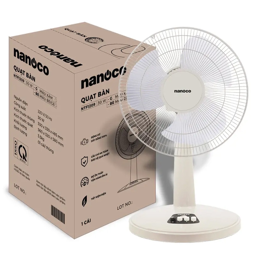 Quạt bàn Nanoco NTF1209BE (màu be, 30W, bạc đạn)