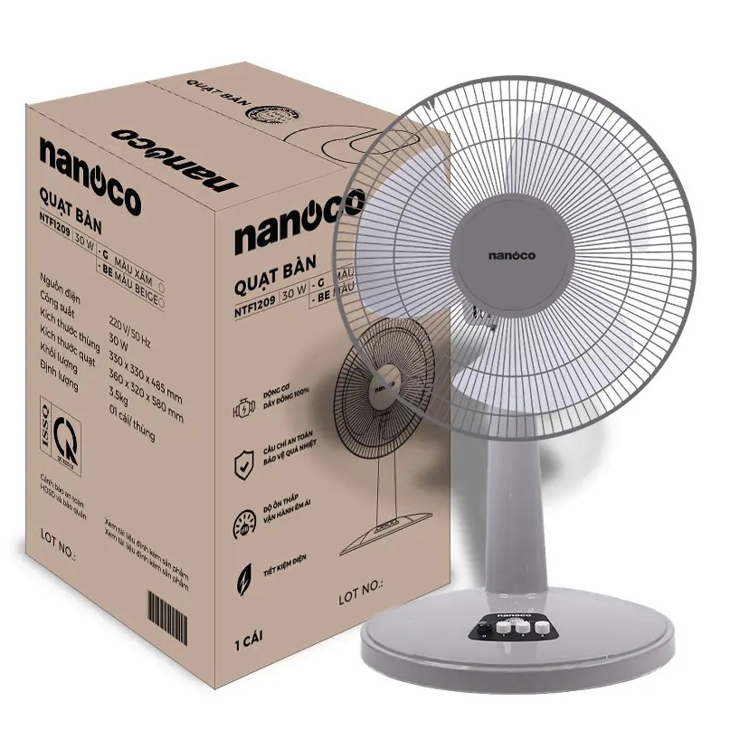Quạt bàn Nanoco NTF1209G (màu xám, 30W, bạc đạn)