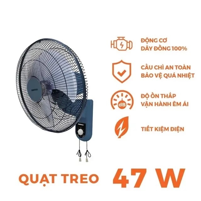 Quạt treo tường Nanoco NWF1611BL (màu xanh, 47W. dây giật)