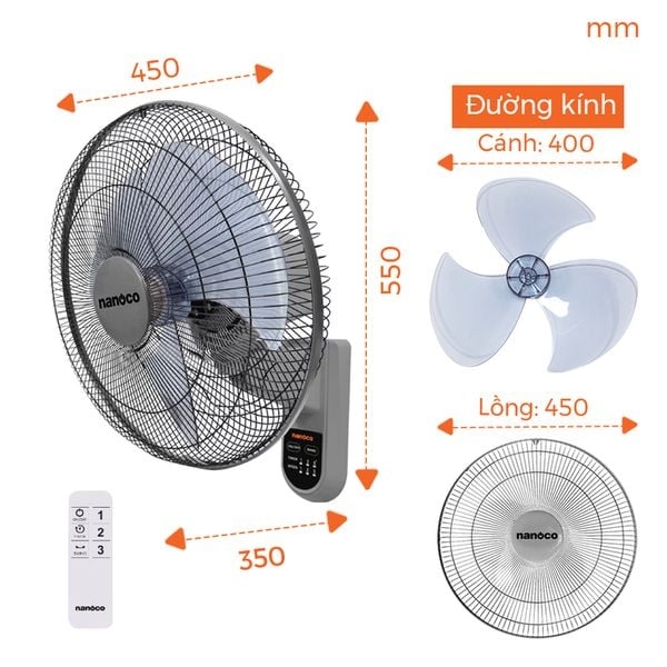 Quạt treo tường Nanoco NWF1612RC-G (màu xám, 47W, có remote)