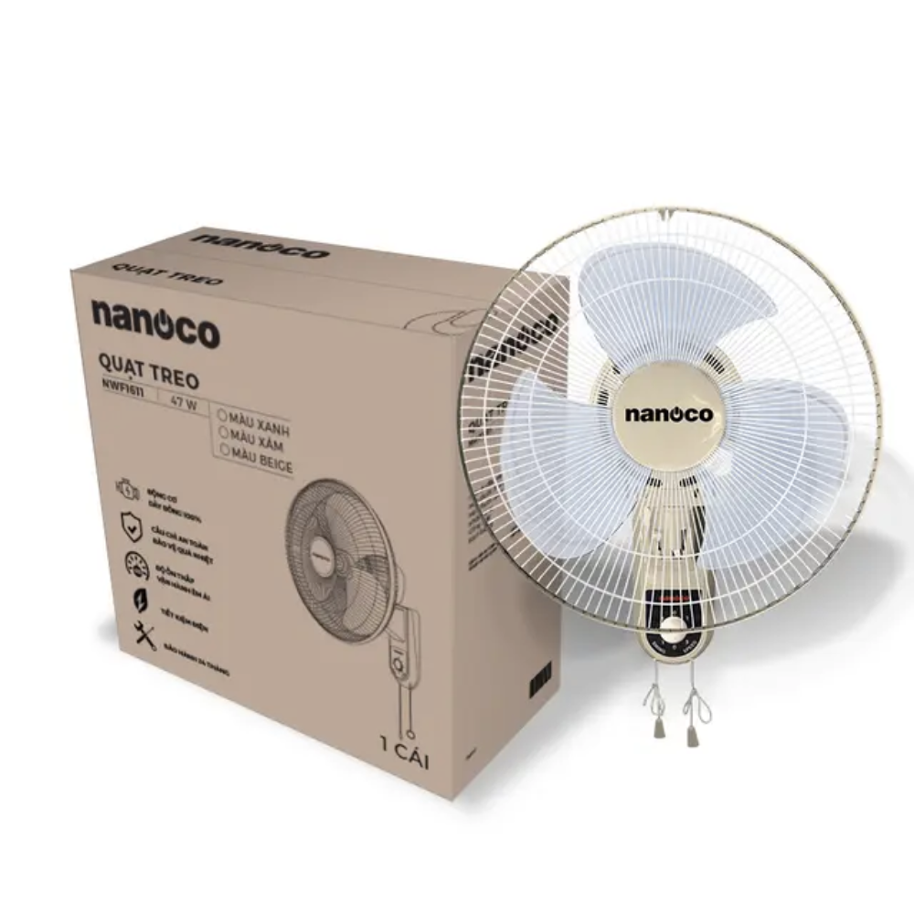 Quạt treo tường Nanoco NWF1614LG (màu xám, 47W, dây giật, bạc đạn)