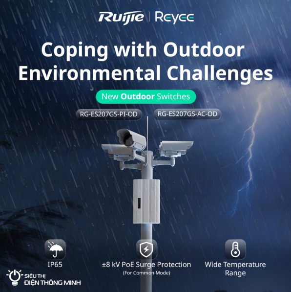 Switch PoE Ruijie ngoài trời RG-ES207GS-AC-OD (4 PoE GE, 1 uplink GE, 2 SFP, 60W, nguồn AC)