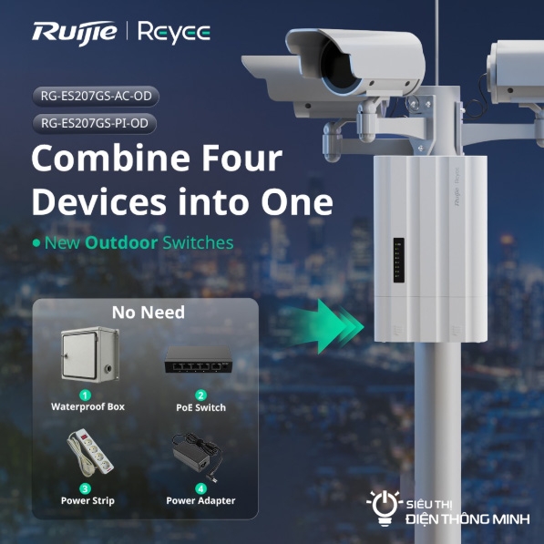 Switch PoE Ruijie ngoài trời RG-ES207GS-PI-OD (4 PoE GE, 1 uplink GE, 2 SFP, 60W, nguồn DC/POE)