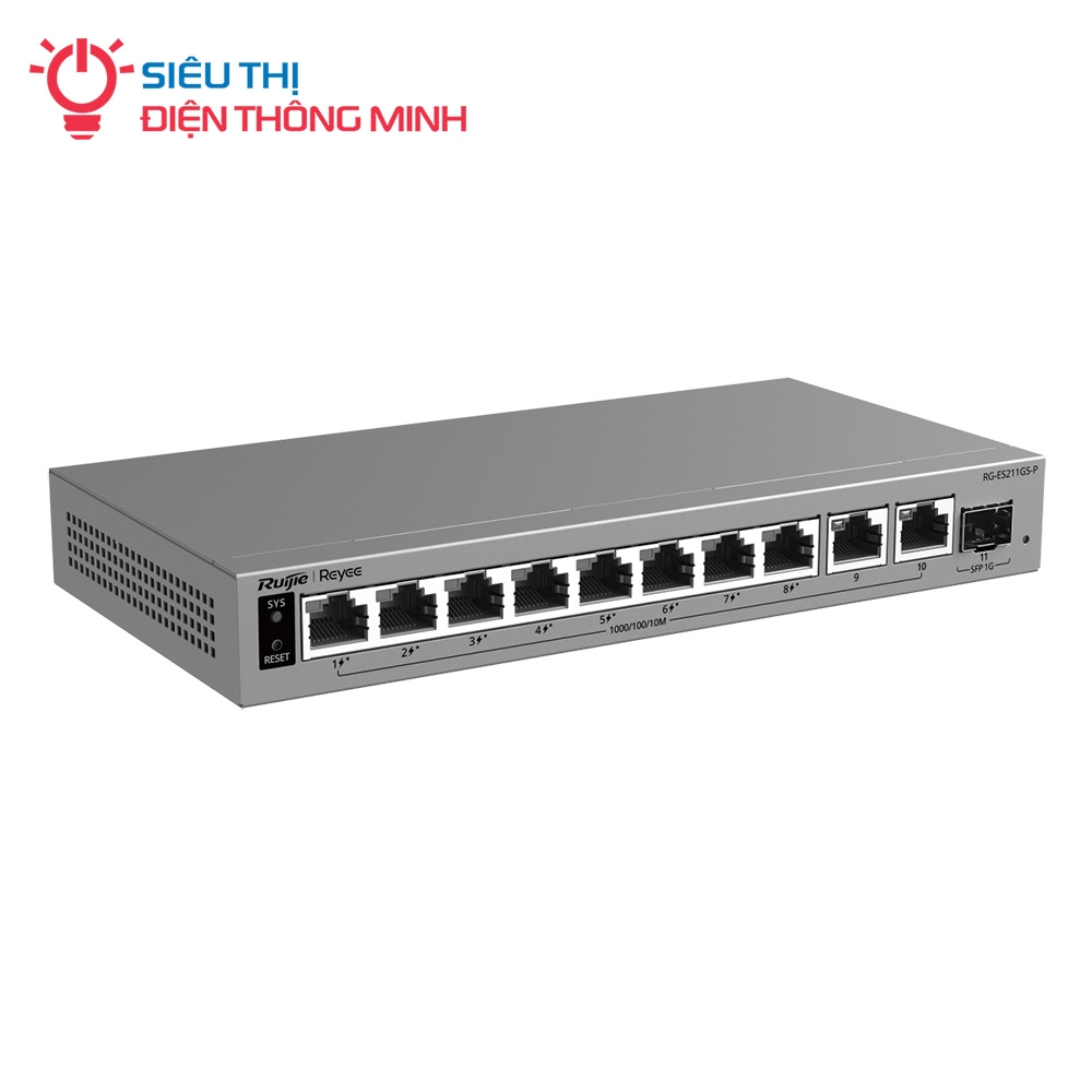 Switch PoE Ruijie RG-ES211GS-P (8 PoE Gigabit, 2 uplink Gigabit, 1 SFP, 120W)