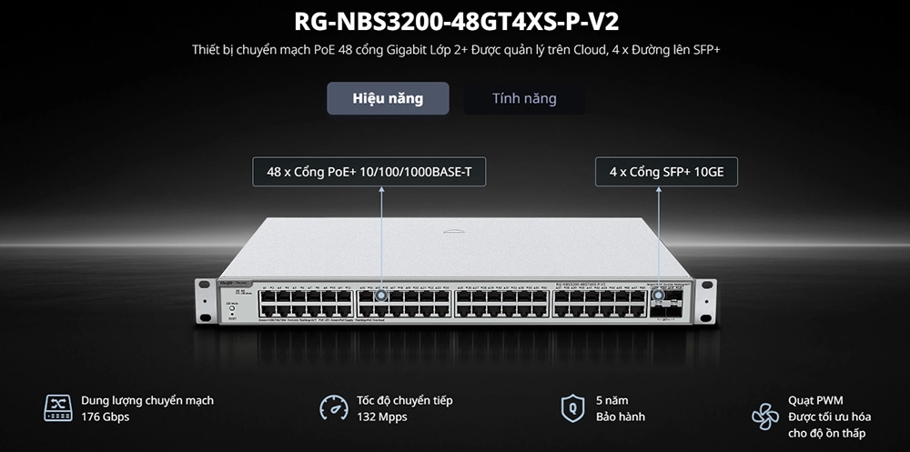 Switch PoE Ruijie RG-NBS3200-48GT4XS-P-V2 (48 cổng Gigabit PoE+, 4 cổng SFP+ 10G)
