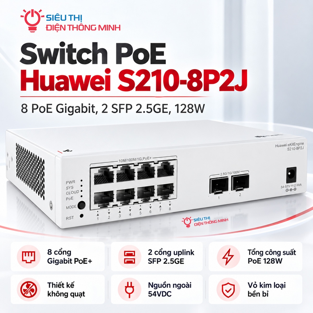 Switch PoE Huawei S210-8P2J (8 PoE Gigabit, 2 SFP 2.5GE, 128W)