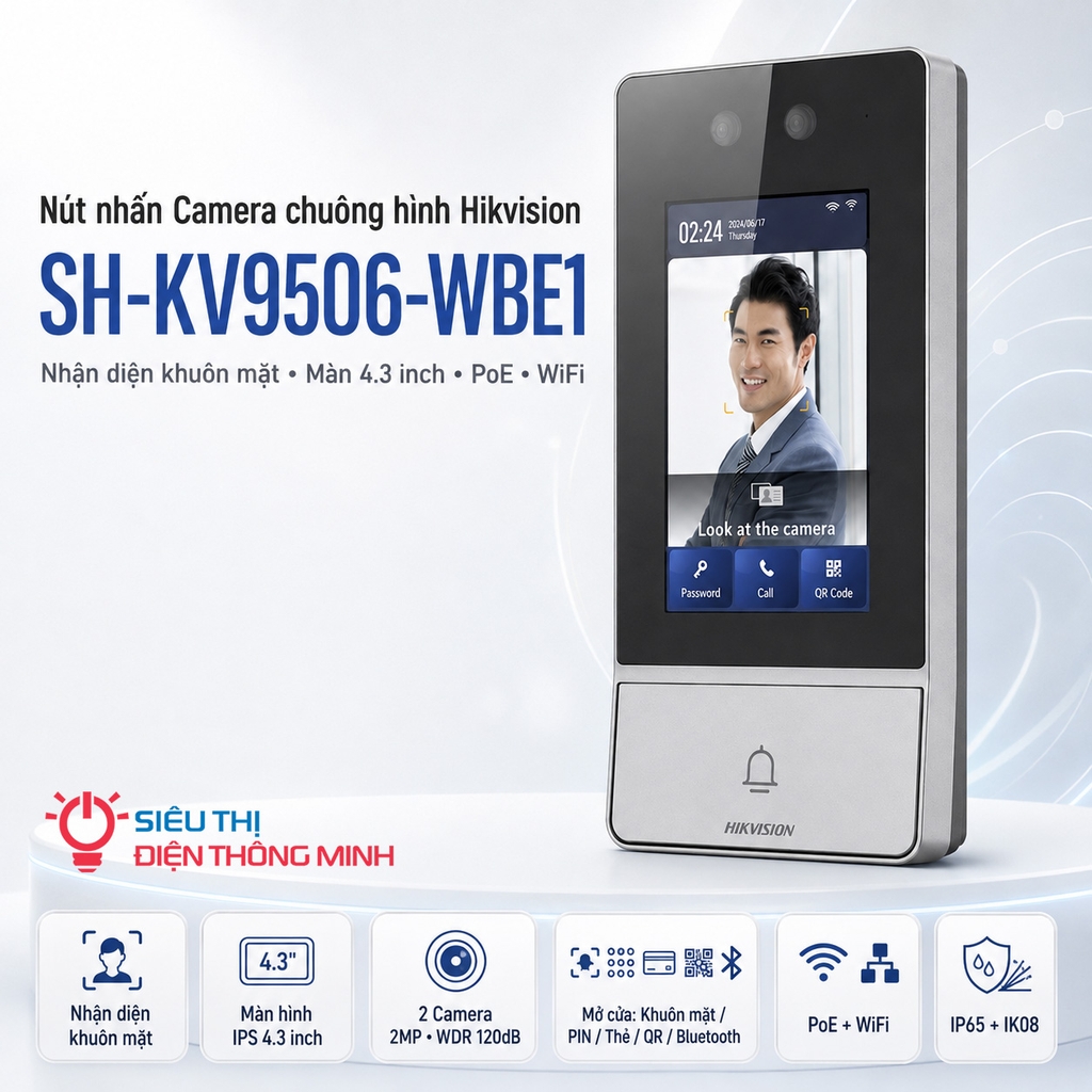 Nút nhấn Camera chuông hình Hikvision SH-KV9506-WBE1 (Nhận diện khuôn mặt, màn 4.3 inch, PoE, Wifi)