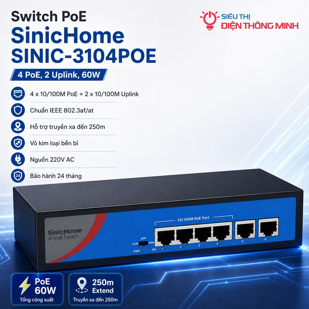 Switch PoE SinicHome SINIC-3104POE (4 PoE, 2 uplink, 60W)