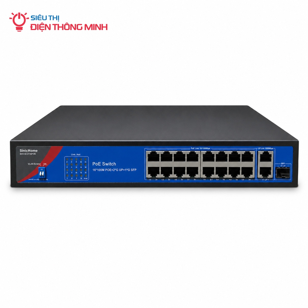 Switch PoE SinicHome SINIC-3116POE (16 PoE, 2 uplink GE, 1 SFP, 200W)