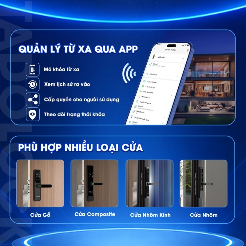 Khóa cửa điện tử TADOLock TDL68 (Vân tay, Thẻ từ, Mật mã, Khóa cơ, APP)