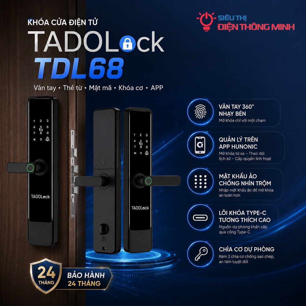 Khóa cửa điện tử TADOLock TDL68 (Vân tay, Thẻ từ, Mật mã, Khóa cơ, APP)