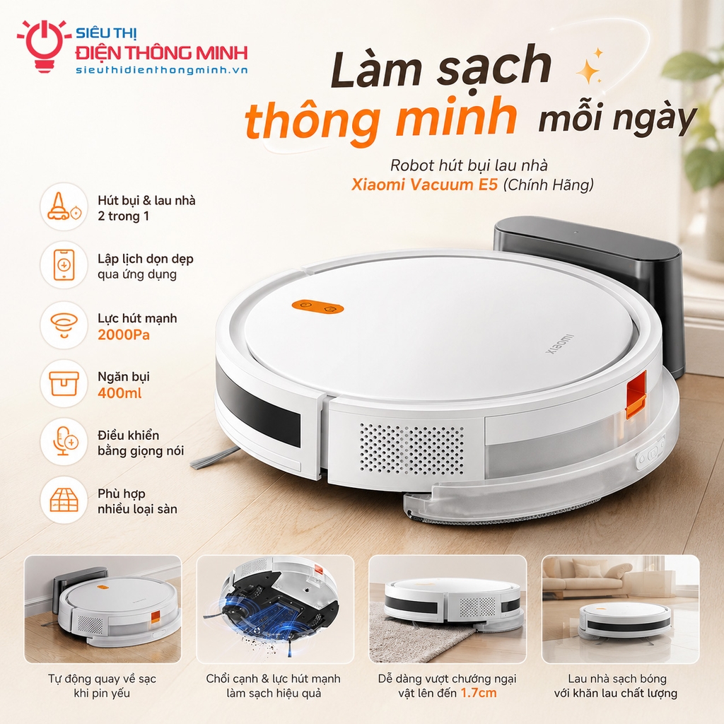 Robot hút bụi lau nhà Xiaomi Vacuum E5 (Chính Hãng, BH 12 tháng)
