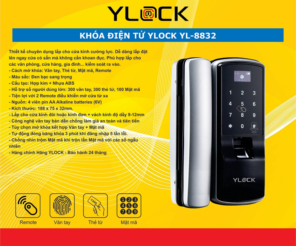Khóa cửa điện tử YLOCK cửa kính YL-8832-RM (Vân tay, Thẻ từ, Mật mã, Remote)