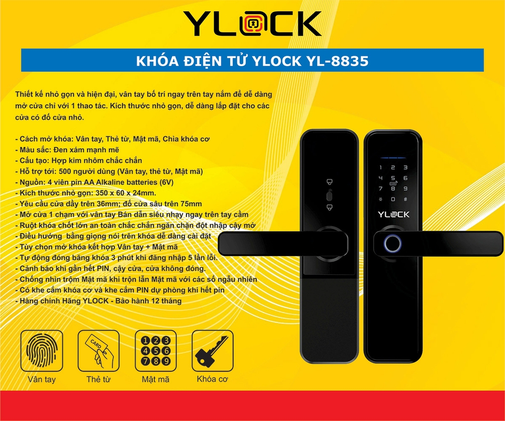 Khóa cửa điện tử YLOCK YL-8835 (Vân tay, Thẻ từ, Mật mã, Khóa cơ)