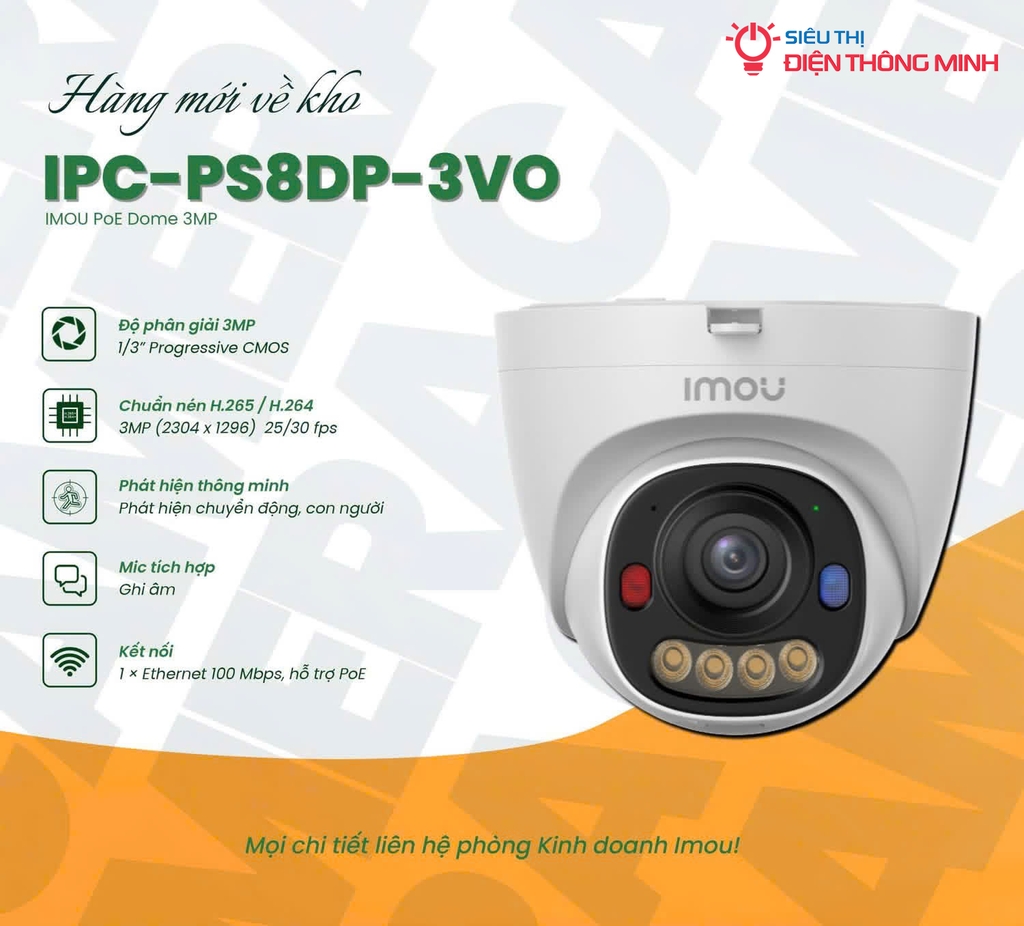 Camera IMOU IPC-PS8DP-3V0 (Dome 3MP, PoE, liền Mic, góc rộng)