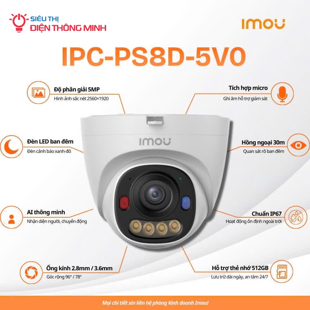 Camera IMOU IPC-PS8D-5V0 (Dome 5MP, PoE, liền Mic, góc rộng)