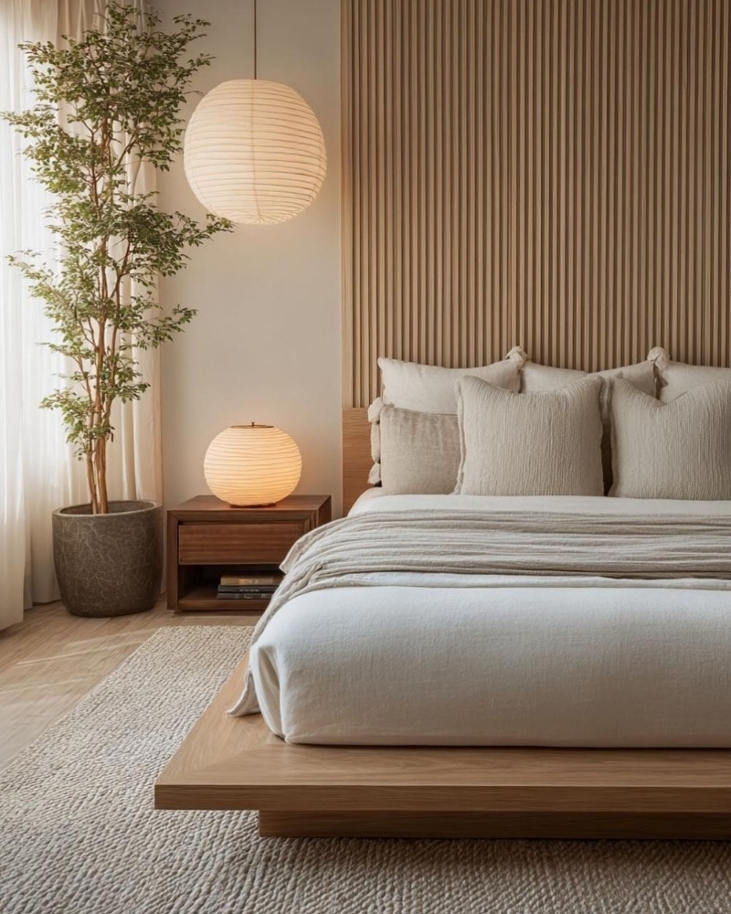 Giường ngủ gỗ phong cách Japandi