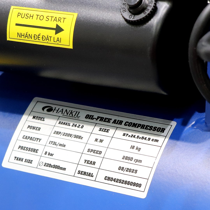 Máy Nén Khí Không Dầu 2HP 24L Hankil 24-2.0