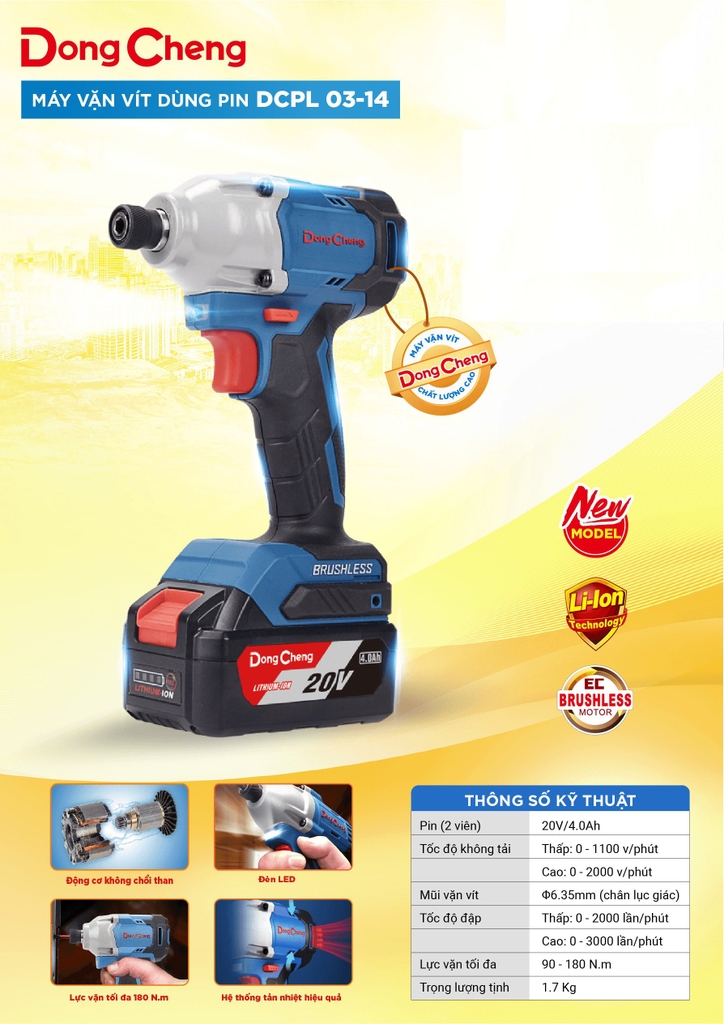 Máy Vặn Vít Dùng Pin DongCheng DCPL03-14 20V 2 Pin 1 Sạc