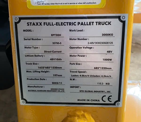 Xe Nâng Hàng Tay Thấp Điện STAXX 2000KG Tự Động EPT20H