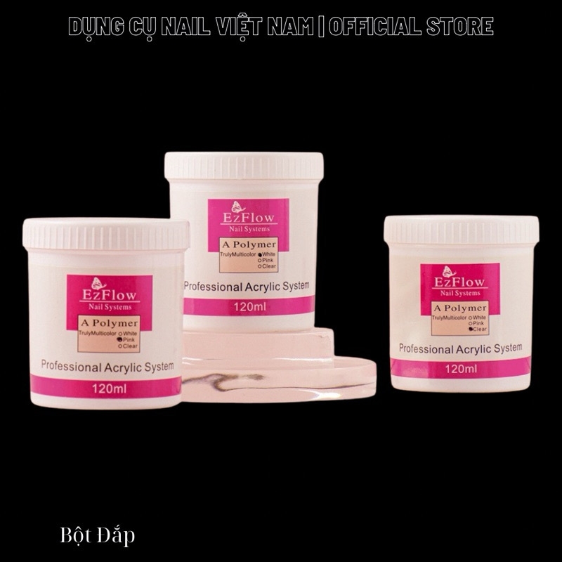 Bột đắp móng Ezflow siêu mịn, siêu dẻo, không vón cục - Polymer Nail Powder 3 màu white, pink, clear (120ml)
